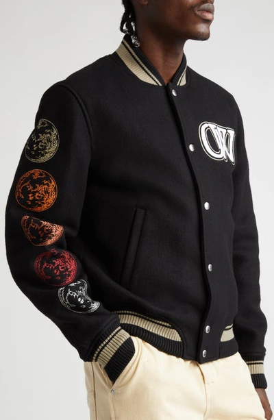 Shop Off-white Moon Phase Virgin Wool Blend Varsity Bomber Jacket In Black