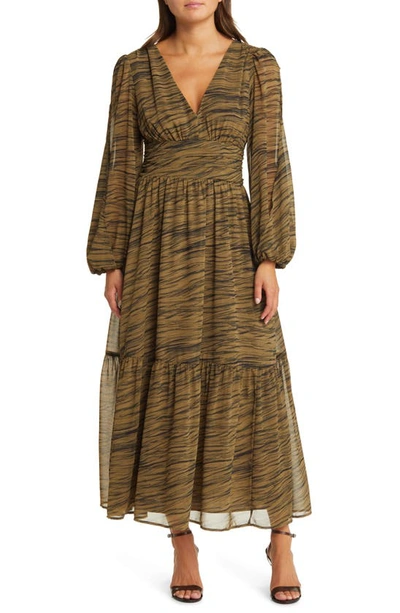 Shop Chelsea28 Split Long Sleeve Tiered Dress In Olive- Black Geode Stripe