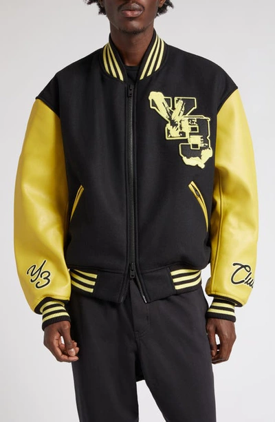 Shop Y-3 Letterman Varsity Jacket In Black/ Blanch Yellow