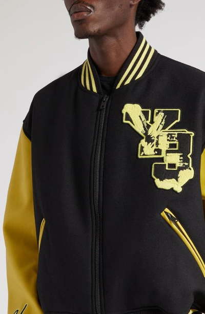 Shop Y-3 Letterman Varsity Jacket In Black/ Blanch Yellow