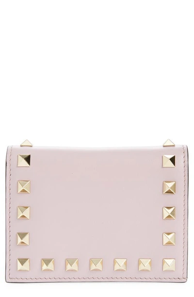 Shop Valentino Small Rockstud Leather French Wallet In 6e0 Water Lilac