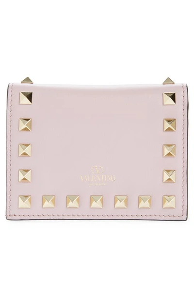 Shop Valentino Small Rockstud Leather French Wallet In 6e0 Water Lilac