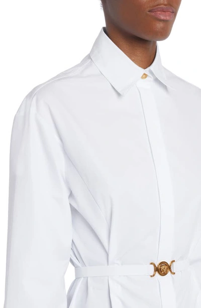 Shop Versace Belted Long Sleeve Handkerchief Hem Cotton Shirtdress In Optical White