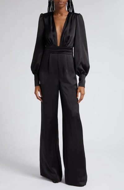 Shop Ramy Brook Madelane Plunge Long Sleeve Satin Jumpsuit In Black