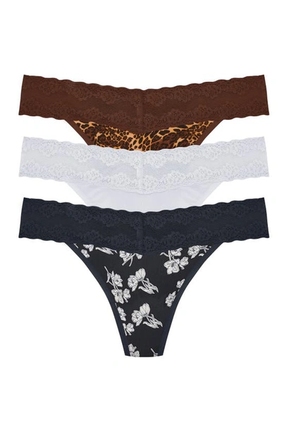 Shop Natori Bliss 3-pack Perfection Lace Trim Thongs In Leo/ Ra/ Pop