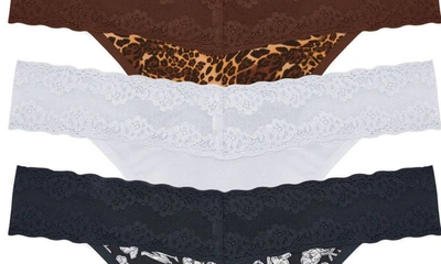 Shop Natori Bliss 3-pack Perfection Lace Trim Thongs In Leo/ Ra/ Pop