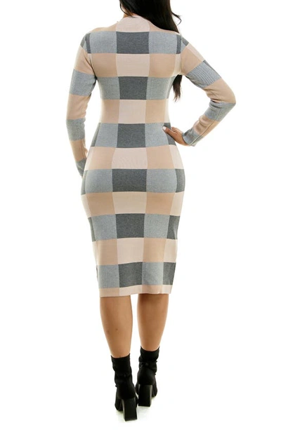 Nina Leonard Jacquard Long Sleeve Sweater Dress In Grey/ Tan Multi