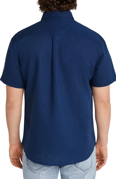 Shop Johnny Bigg Fresno Solid Short Sleeve Linen & Cotton Button-down Shirt In Marine