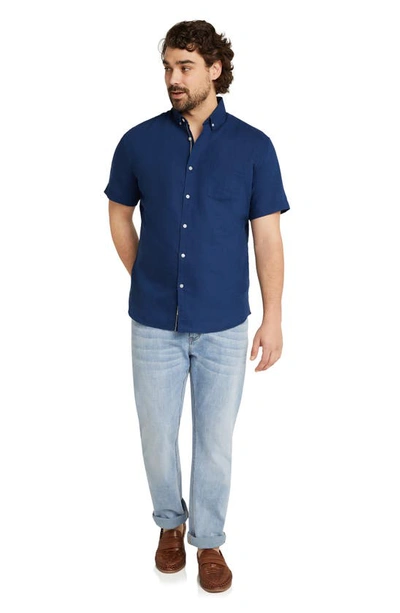 Shop Johnny Bigg Fresno Solid Short Sleeve Linen & Cotton Button-down Shirt In Marine