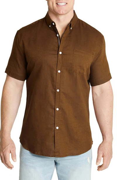 Shop Johnny Bigg Fresno Short Sleeve Linen Blend Button-down Shirt In Toffee