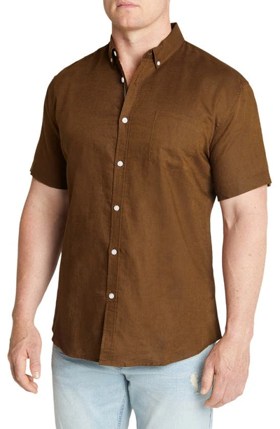 Shop Johnny Bigg Fresno Short Sleeve Linen Blend Button-down Shirt In Toffee