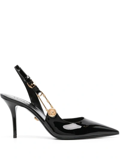 Shop Versace Sling Back Calf Leather Shoes In Black
