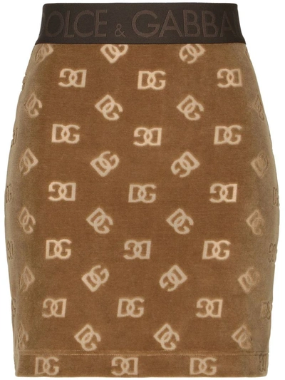 Shop Dolce & Gabbana Allover Logo Cotton Mini Skirt In Camel