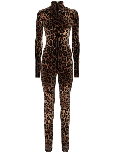 Shop Dolce & Gabbana Leopard Print Chenille Jumpsuit In Brown
