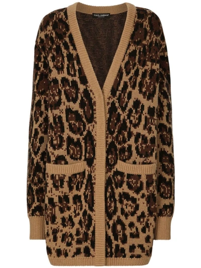 Shop Dolce & Gabbana Leopard Print Cashmere Cardigan In Brown