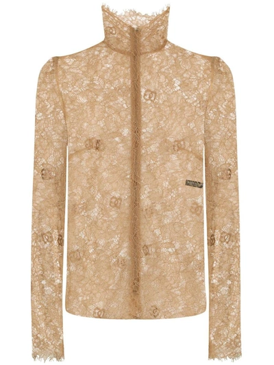 Shop Dolce & Gabbana Lace High-neck Blouse In Beige