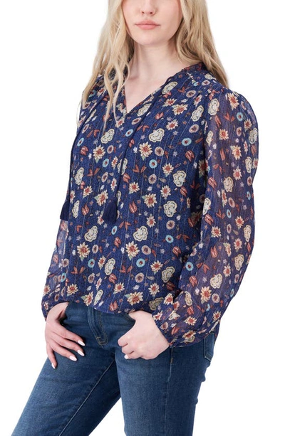 Shop Lucky Brand Floral Long Sleeve Blouse In Navy Multi
