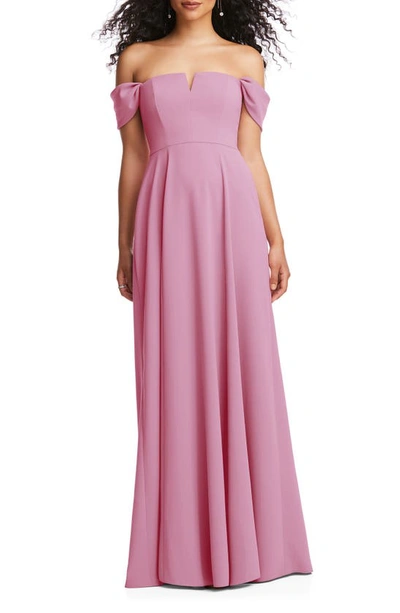 Dessy Collection Off-the-shoulder Pleated Cap Sleeve A-line Maxi Dress In Powder Pink