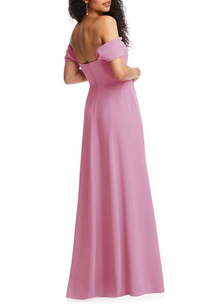 Dessy Collection Off-the-shoulder Pleated Cap Sleeve A-line Maxi Dress In Powder Pink