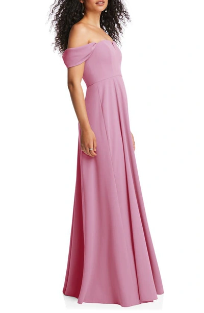 Dessy Collection Off-the-shoulder Pleated Cap Sleeve A-line Maxi Dress In Powder Pink