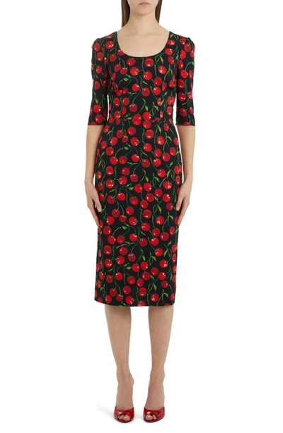 Shop Dolce & Gabbana Cherry Print Stretch Silk Sheath Dress In Black Print