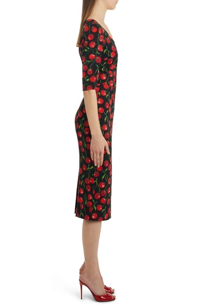 Shop Dolce & Gabbana Cherry Print Stretch Silk Sheath Dress In Black Print