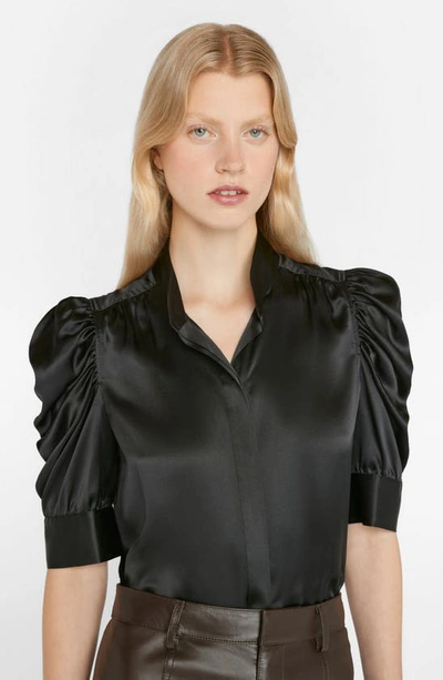 Shop Frame Gillian Three-quarter Sleeve Silk Button-up Shirt In Noir