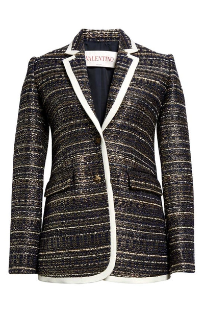 Shop Valentino Tweed Party Blazer In Navy/ Gold/ Avorio