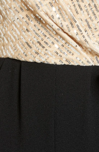 Shop Julia Jordan Sequin Bodice Puff Three Quarter Sleeve Wrap Jumpsuit In Ivory/black