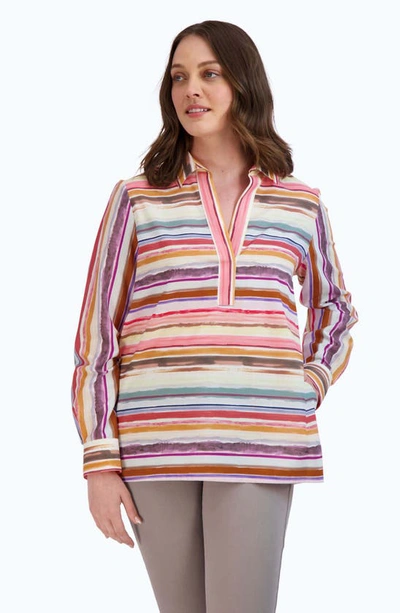 Shop Foxcroft Sophia Watercolor Stripe Cotton Popover Tunic In Multi Stripe