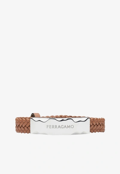 Shop Ferragamo Braided Logo Bracelet In Tan