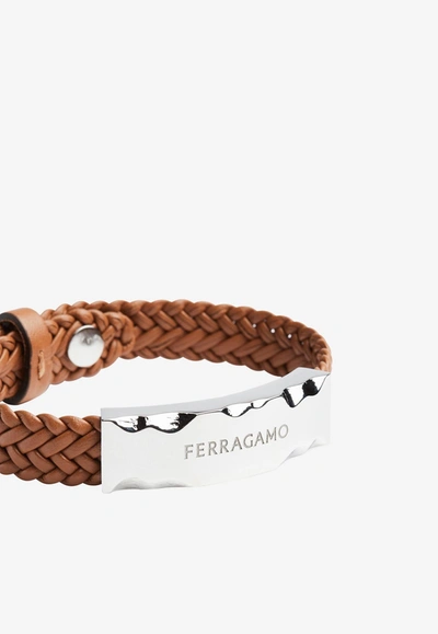 Shop Ferragamo Braided Logo Bracelet In Tan