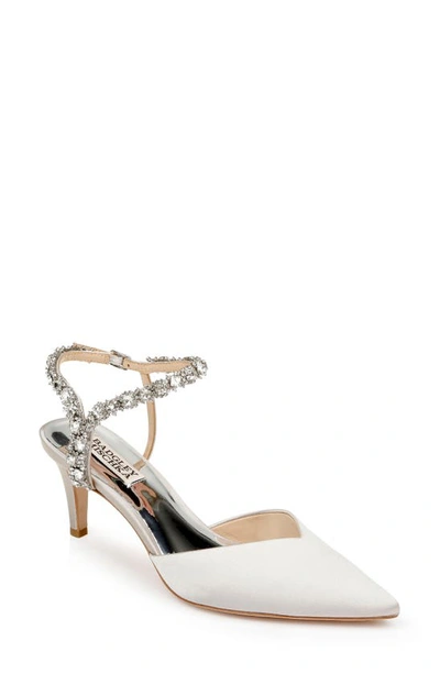 Shop Badgley Mischka Galaxy Embellished Ankle Strap Pointed Toe Pump In Morning Fog Satin