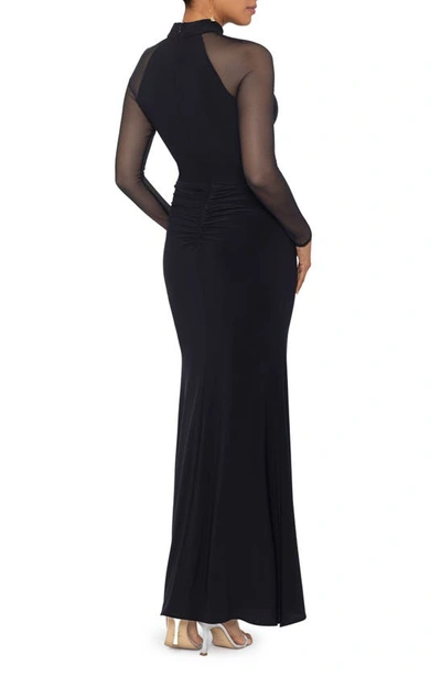 Betsy & Adam Illusion Mesh Long Sleeve Scuba Gown In Black