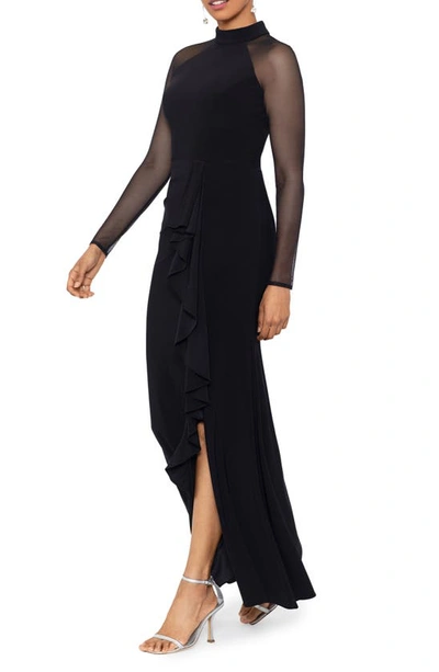 Betsy & Adam Illusion Mesh Long Sleeve Scuba Gown In Black