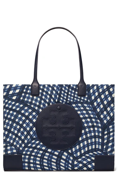 Tory Burch Ella Print Tote In Navy Warped Gingham