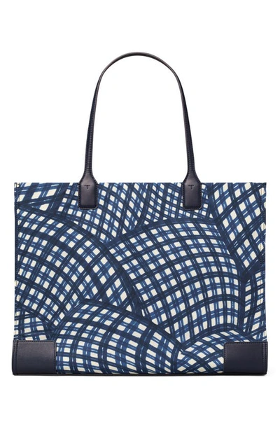 Tory Burch Ella Print Tote In Navy Warped Gingham