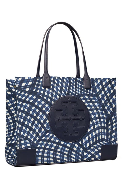 Tory Burch Ella Print Tote In Navy Warped Gingham