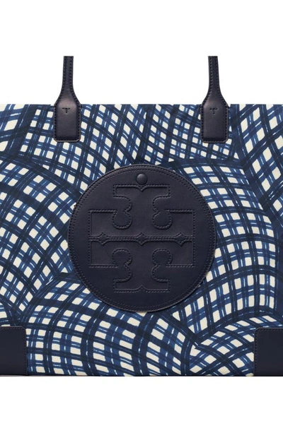 Tory Burch Ella Print Tote In Navy Warped Gingham
