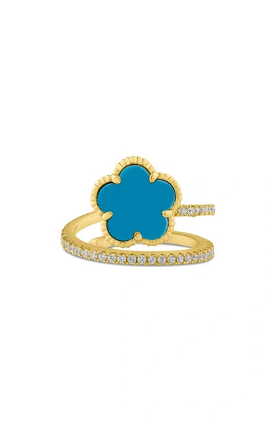 Shop Cz By Kenneth Jay Lane Pavé Clover Wrap Ring In Turquoise/ Gold