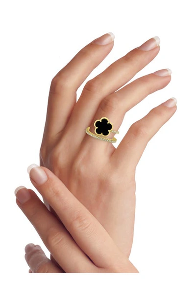 Shop Cz By Kenneth Jay Lane Pavé Clover Wrap Ring In Black/ Gold