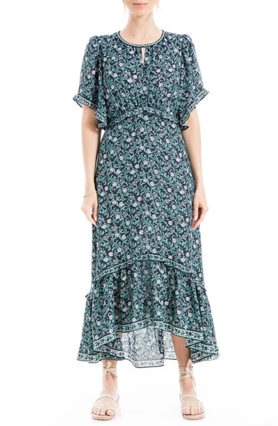 Shop Max Studio Keyhole Short Sleeve High-low Midi Dress In Nvy/ Tl Intwnnng Buds