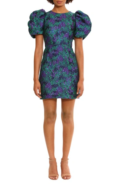 Shop Donna Morgan For Maggy Metallic Puff Sleeve Brocade Minidress In Black Blue Green