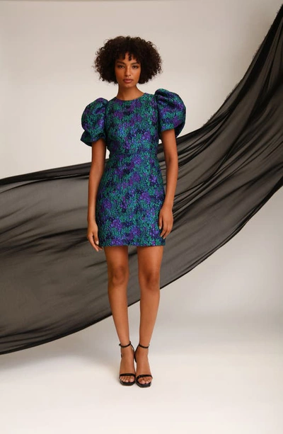 Shop Donna Morgan For Maggy Metallic Puff Sleeve Brocade Minidress In Black Blue Green