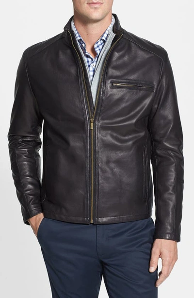 Shop Cole Haan Lambskin Leather Moto Jacket In Black
