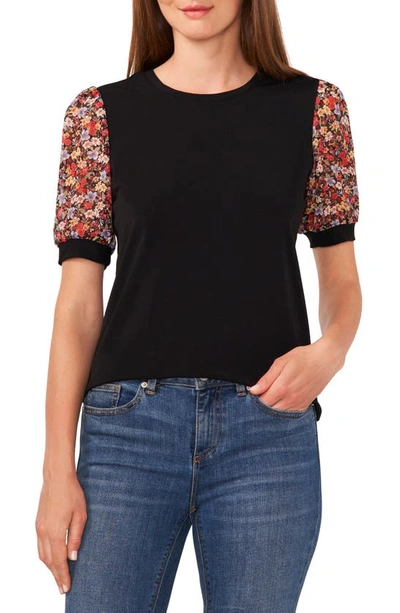 Shop Cece Mixed Media Floral Puff Sleeve Top In Rich Black