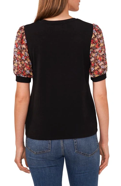 Shop Cece Mixed Media Floral Puff Sleeve Top In Rich Black