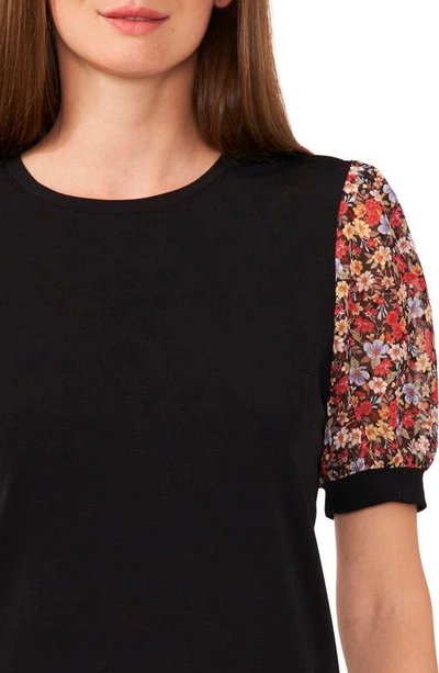 Shop Cece Mixed Media Floral Puff Sleeve Top In Rich Black