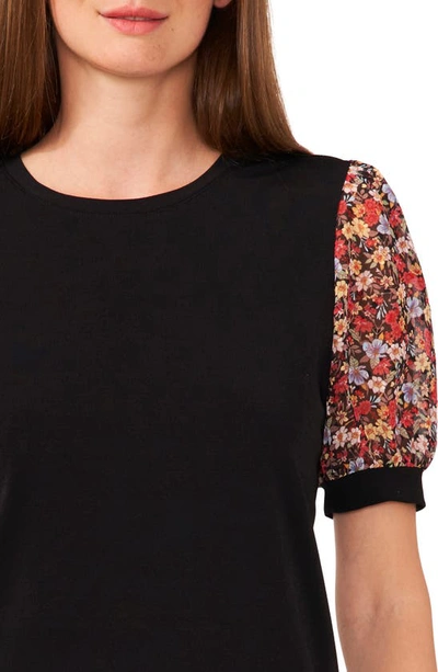 Cece Mixed Media Puff Sleeve Top In Rich Black
