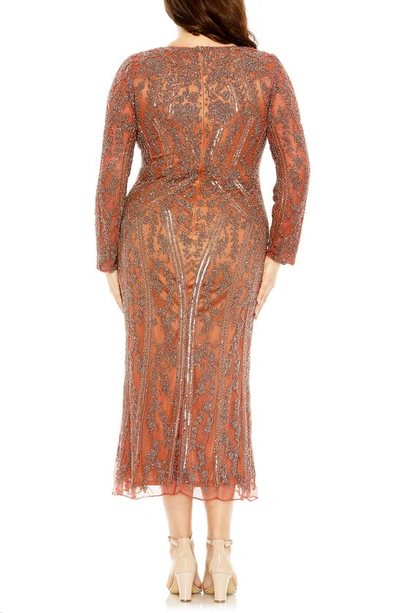 Shop Fabulouss By Mac Duggal Embellished Long Sleeve Midi Cocktail Dress In Rosewood